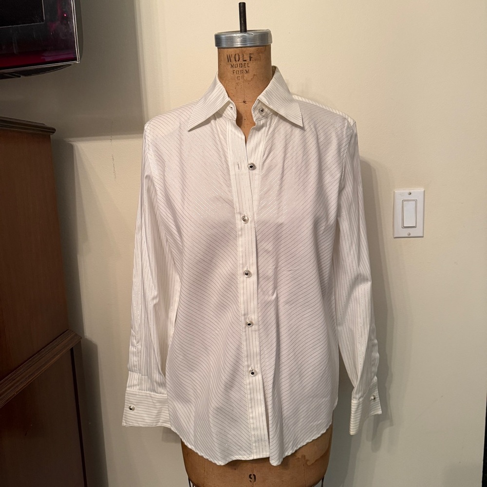 Vintage White Metallic Striped Starington Button Down Blouse